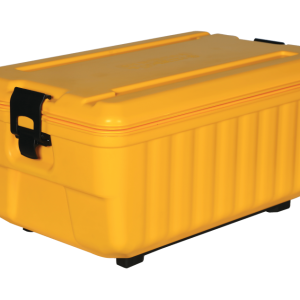 Gelbe isolierte Transportbox mit schwarzem Spannverschluss für den Lebensmitteltransport.