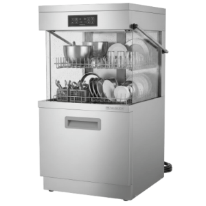 Gewerbliche Haubenspülmaschine aus Edelstahl mit Besteck und Geschirr in der Waschkammer.