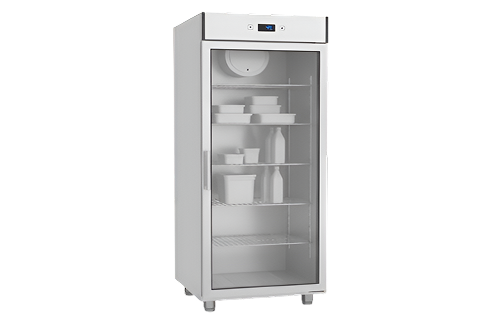 Kühlschrank mit Glastür, mehreren Regalen und verschiedenen Behältern darin Kühlschrank mit Glastür, mehreren Regalen und verschiedenen Behältern darin