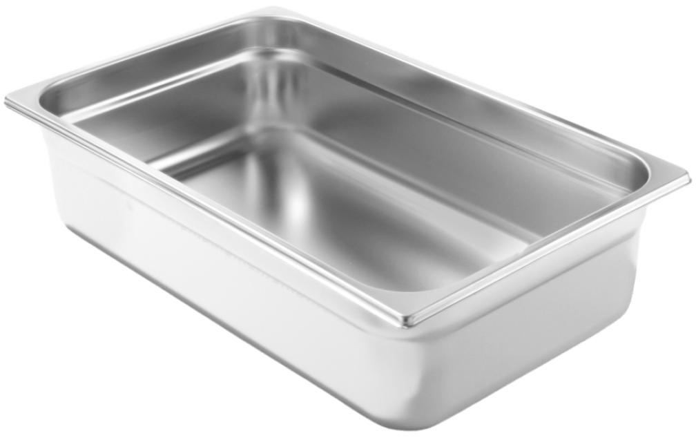 Rechteckige Edelstahlwanne mit abgerundeten Ecken und breitem Rand Rechteckige Edelstahlwanne mit abgerundeten Ecken und breitem Rand