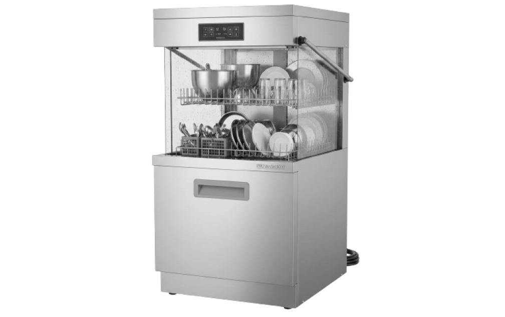 Offener Geschirrspüler mit zwei Körben, gefüllt mit Tellern, Schüsseln, Gläsern und Besteck Offener Geschirrspüler mit zwei Körben, gefüllt mit Tellern, Schüsseln, Gläsern und Besteck