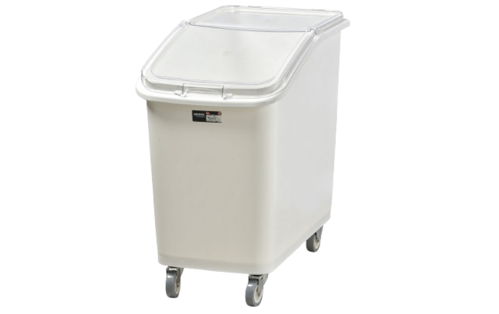 Großer weißer Kunststoffbehälter auf Rollen mit klappbarem Deckel Großer weißer Kunststoffbehälter auf Rollen mit klappbarem Deckel