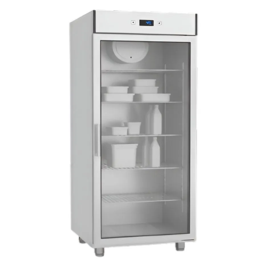 Kühlschrank mit Glastür, mehreren Regalen und verschiedenen Behältern sowie Flaschen darin